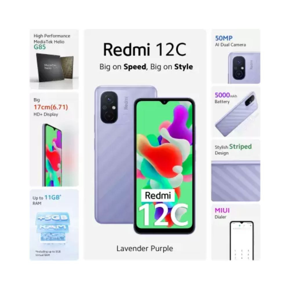 Redmi 12C (Lavender Purple, 6GB RAM, 128GB Storage)