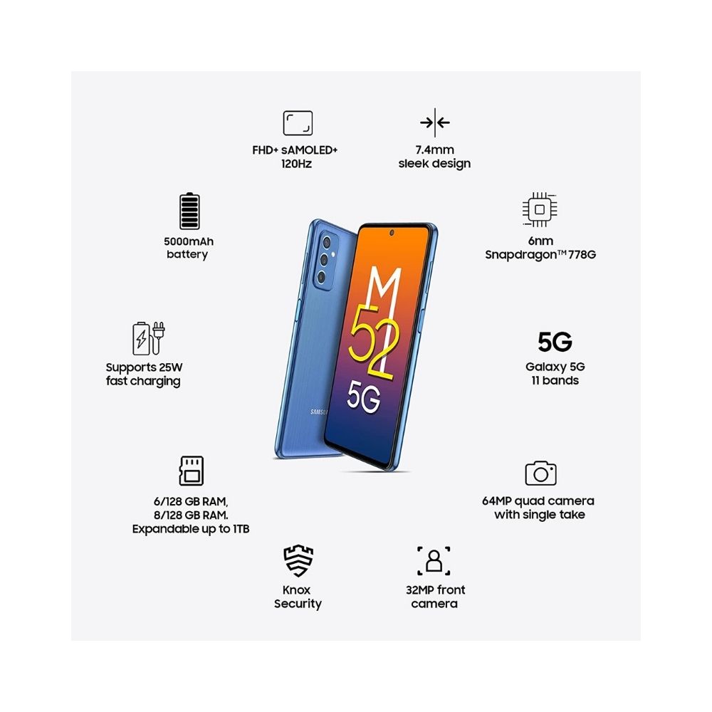 Samsung Galaxy M52 5G (ICY Blue, 6GB RAM, 128GB Storage)
