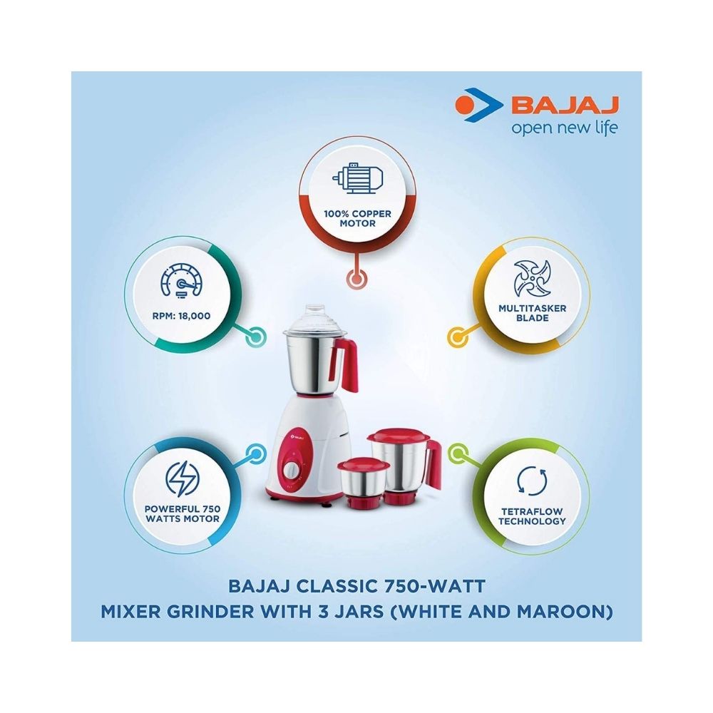 Bajaj Classic Mixer Grinder, 750W, 3 Jars (White and Maroon)