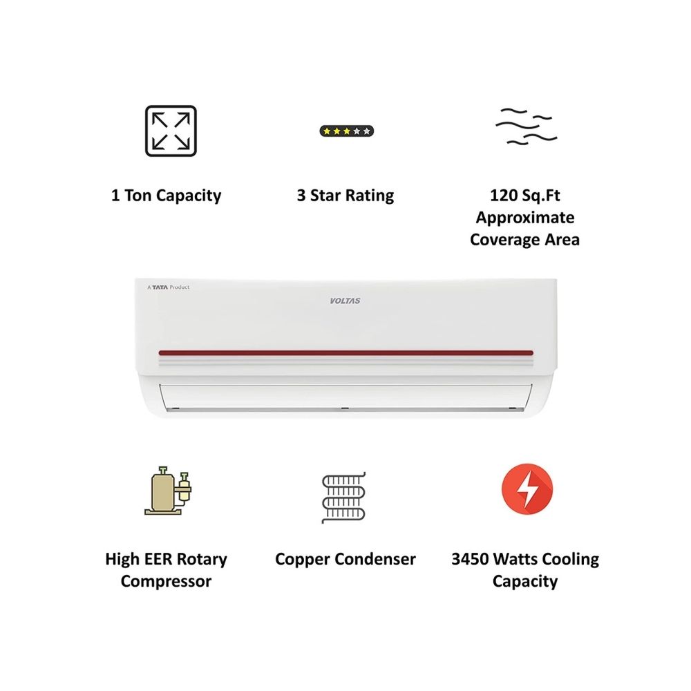 Voltas 1.0 Ton Inverter 3 Star Split Air Conditioner (123CZP, White)