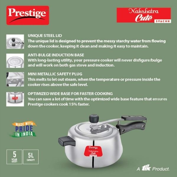 Prestige Nakshatra Cute Svachh Aluminium Pressure Cooker, 5.0L (Polished)