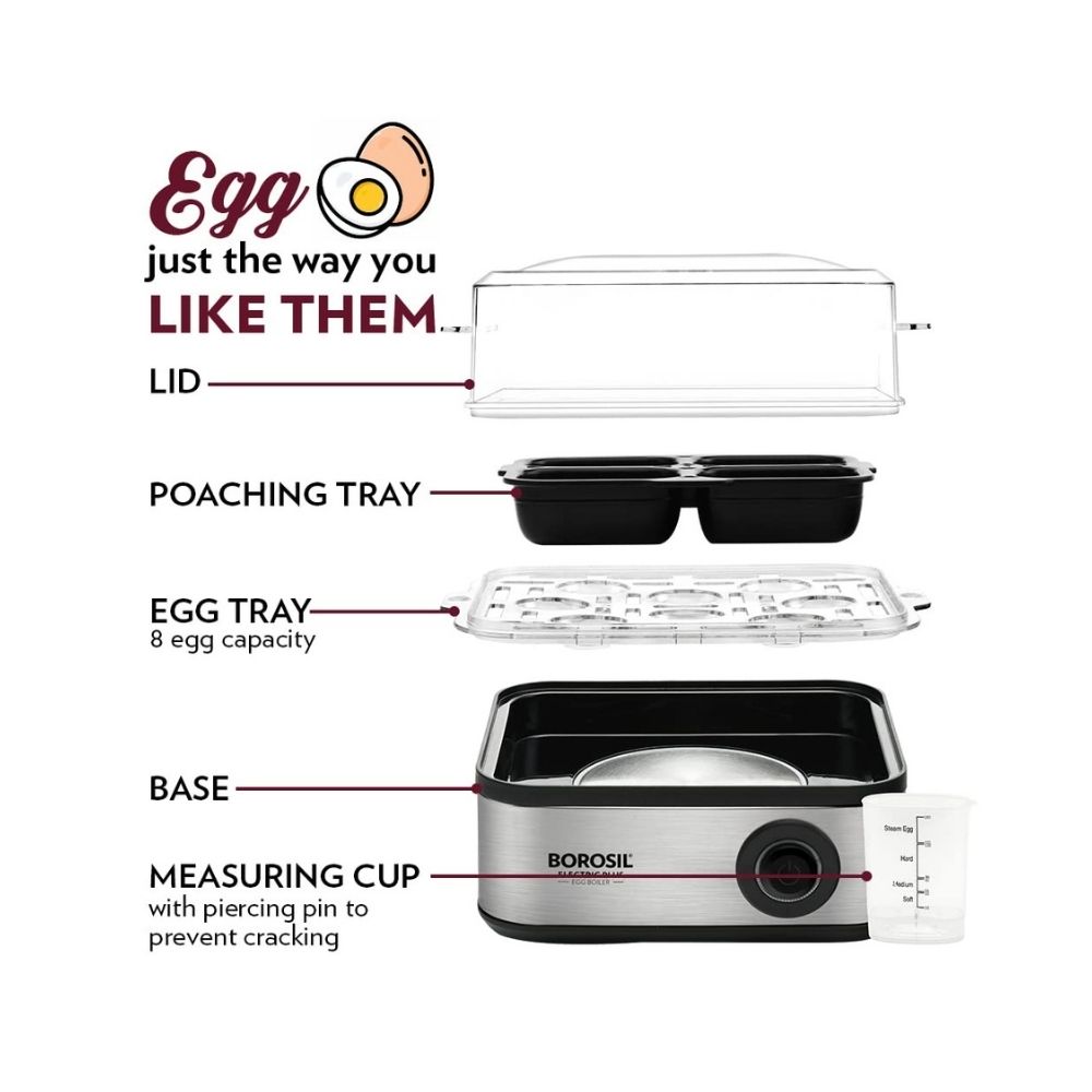 Borosil Electric Plus Egg Cooker (Black, Silver, 8 Eggs)