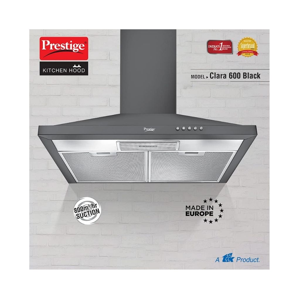 Prestige Clara 600 Glass Kitchen Hood with Powder Coated Body and Aluminium Filter, 800m3HR, Black