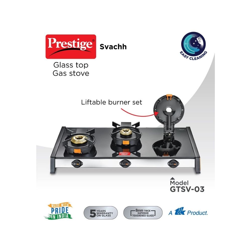 Prestige Svachh GTSV-03 Glass top LP Gas Table, 3 Burner, With Liftable Burner Set