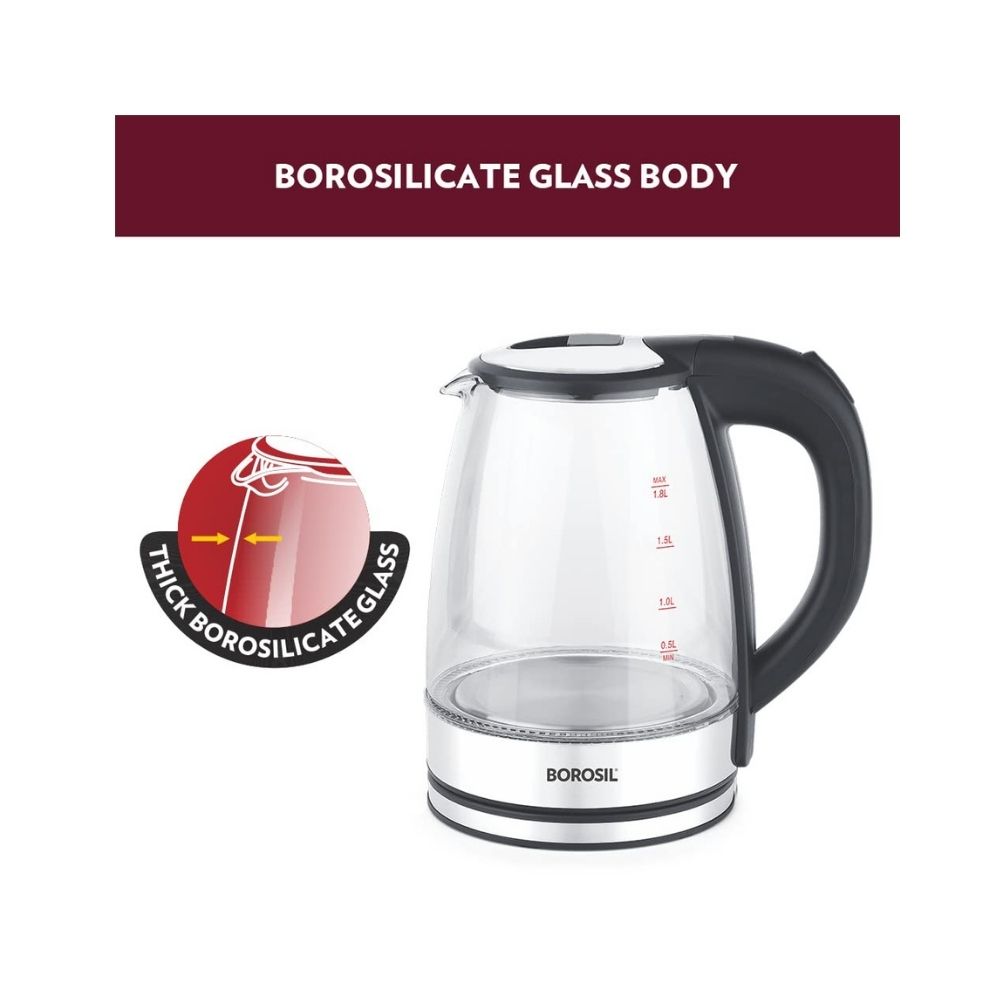 Borosil Electric Glass Kettle, Borosilicate Glass, Extra Long Cord, Dry-boil Protection, 1.8 L, Transparent