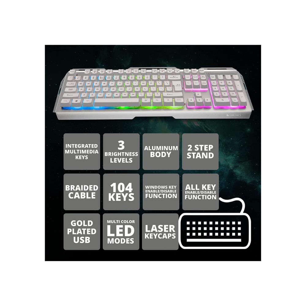 Zebronics Zeb-Transformer Gaming Keyboard and Mouse Combo (USB, Braided Cable) White with Silver