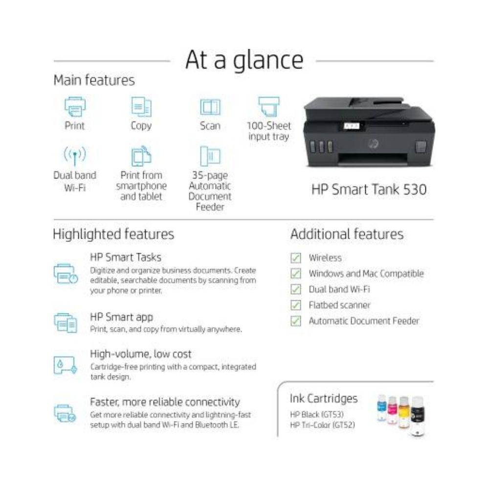 HP Smart Tank 530 Multi-function WiFi Color Printer with Voice Activated Printing Google Assistant and Alexa 