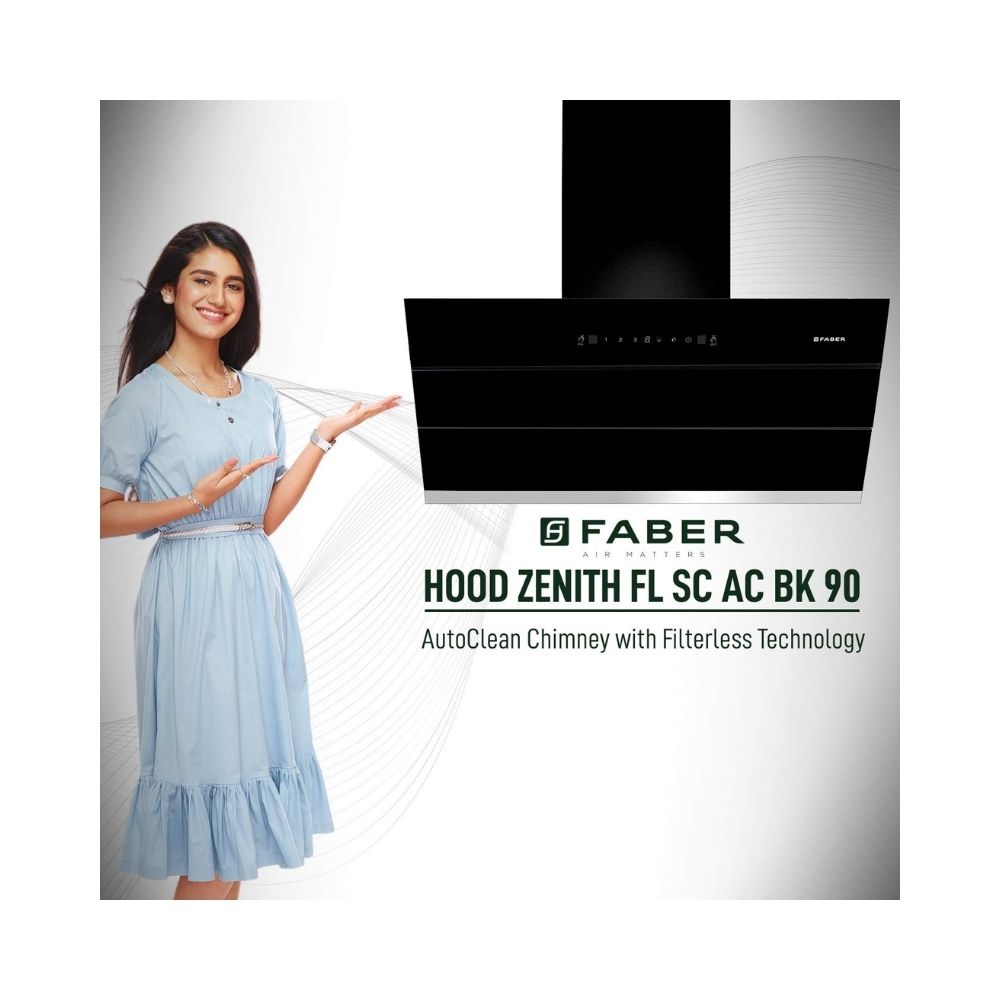 Faber 90 cm 1350 m³/HR Auto-Clean Angular Kitchen Chimney (Hood Zenith FL SC AC BK 90, Filterless Technology, Touch Control, Black)