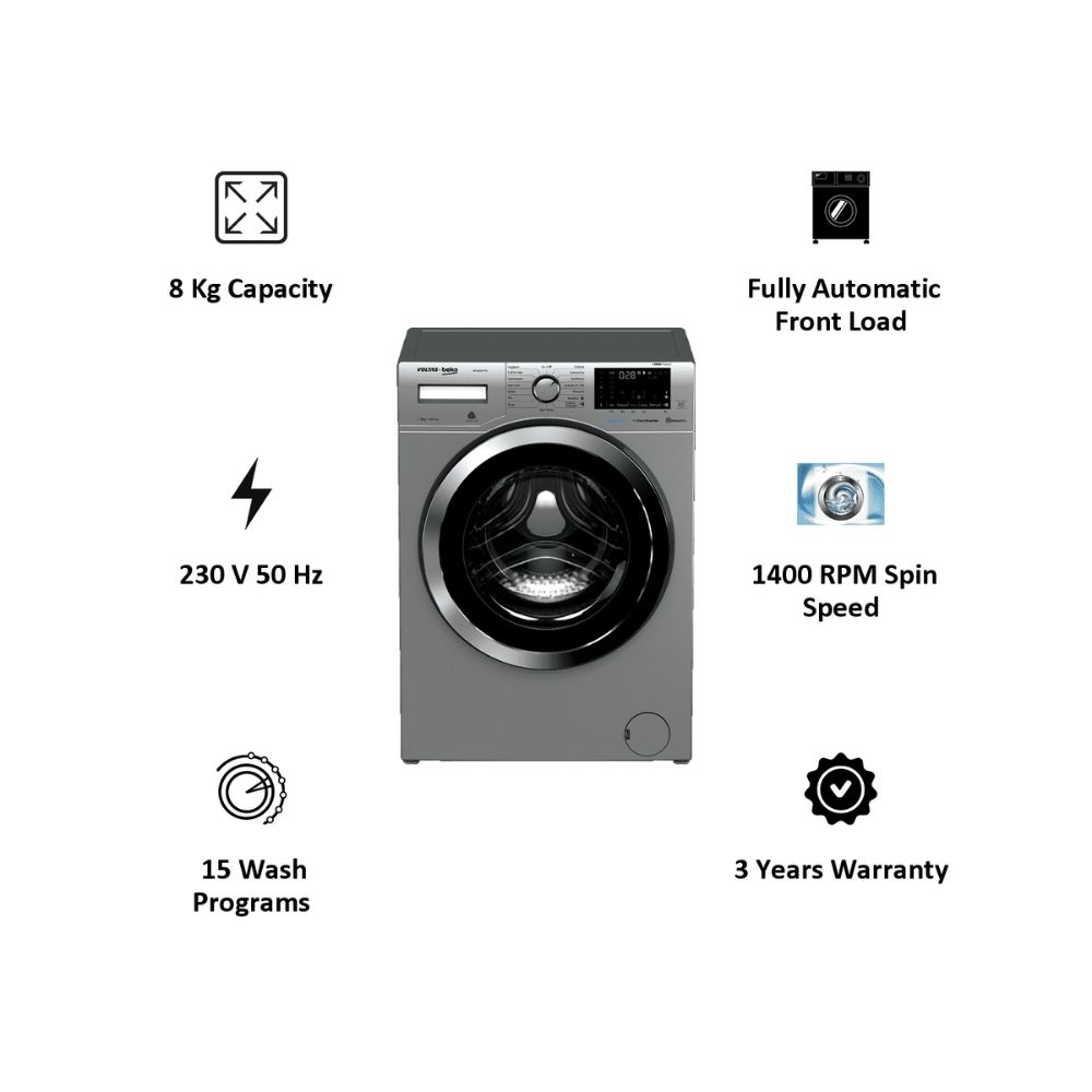 Voltas Beko 8 Kg 5 Star Fully Automatic Front Load Washing Machine (SteamWash, WFL8014VTSC, Grey)