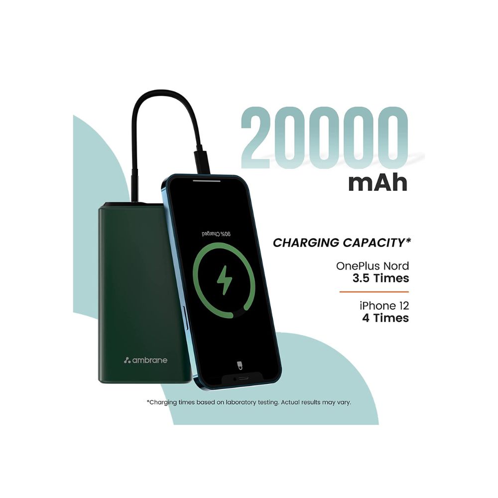 Ambrane 20000 mAh lithium_polymer Stylo-20k Power Bank with 20 Watt Fast Charging, Green
