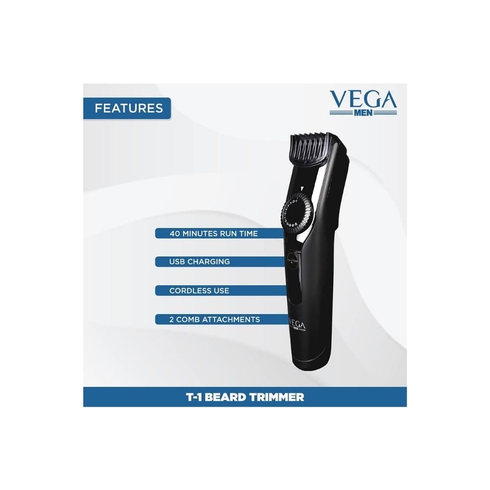 Vega Men T1 Beard Trimmer For Men With 40 Mins Run Time, Usb Charging & 23 Length Settings, (Vhth-18,Black)