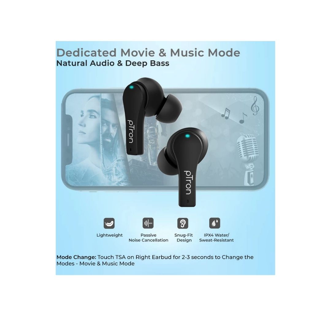 PTron Bassbuds Tango ENC Bluetooth 5.1 Wireless Headphone(Black)