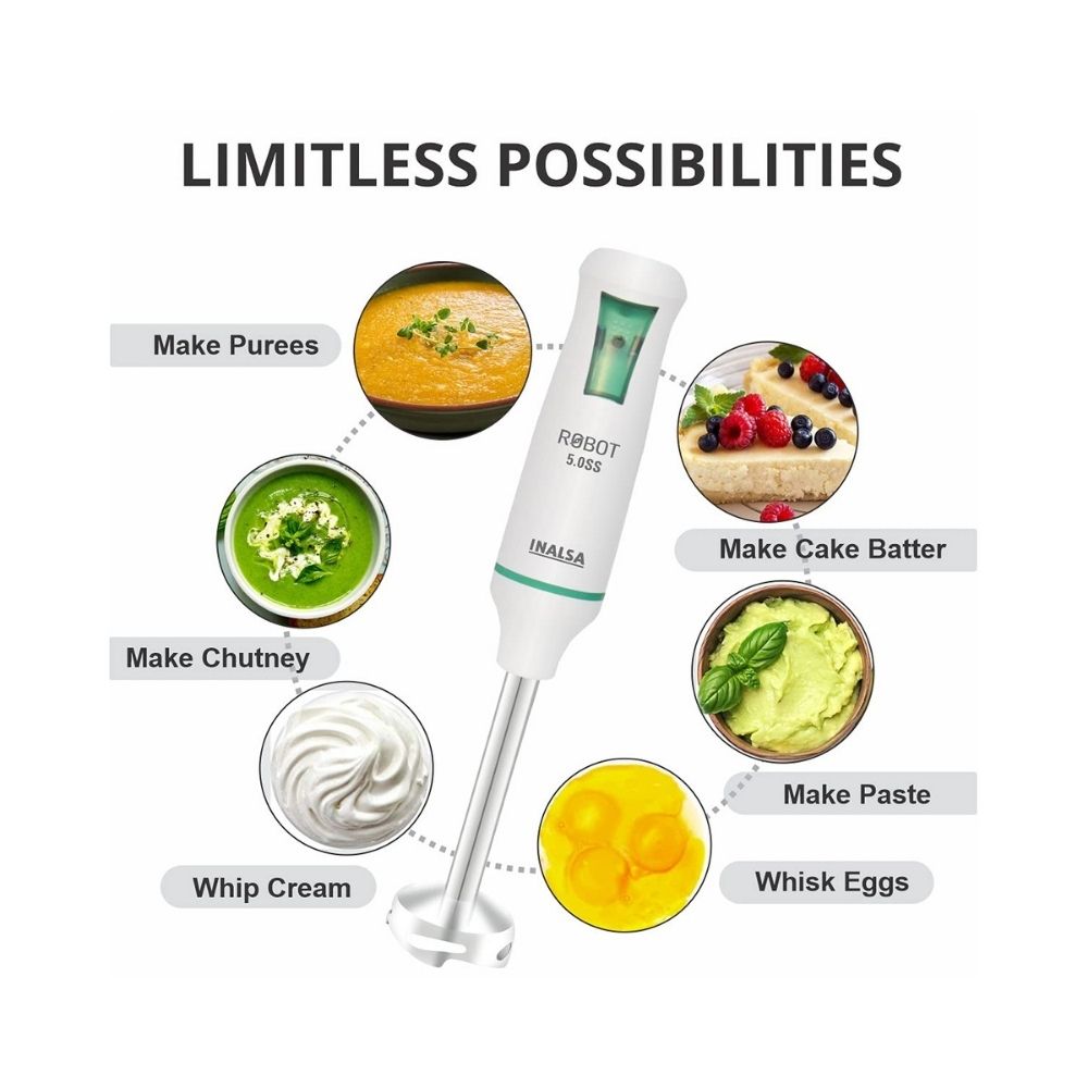 Inalsa Robot 5.0 SS Hand Blender, 500W (White, Green)