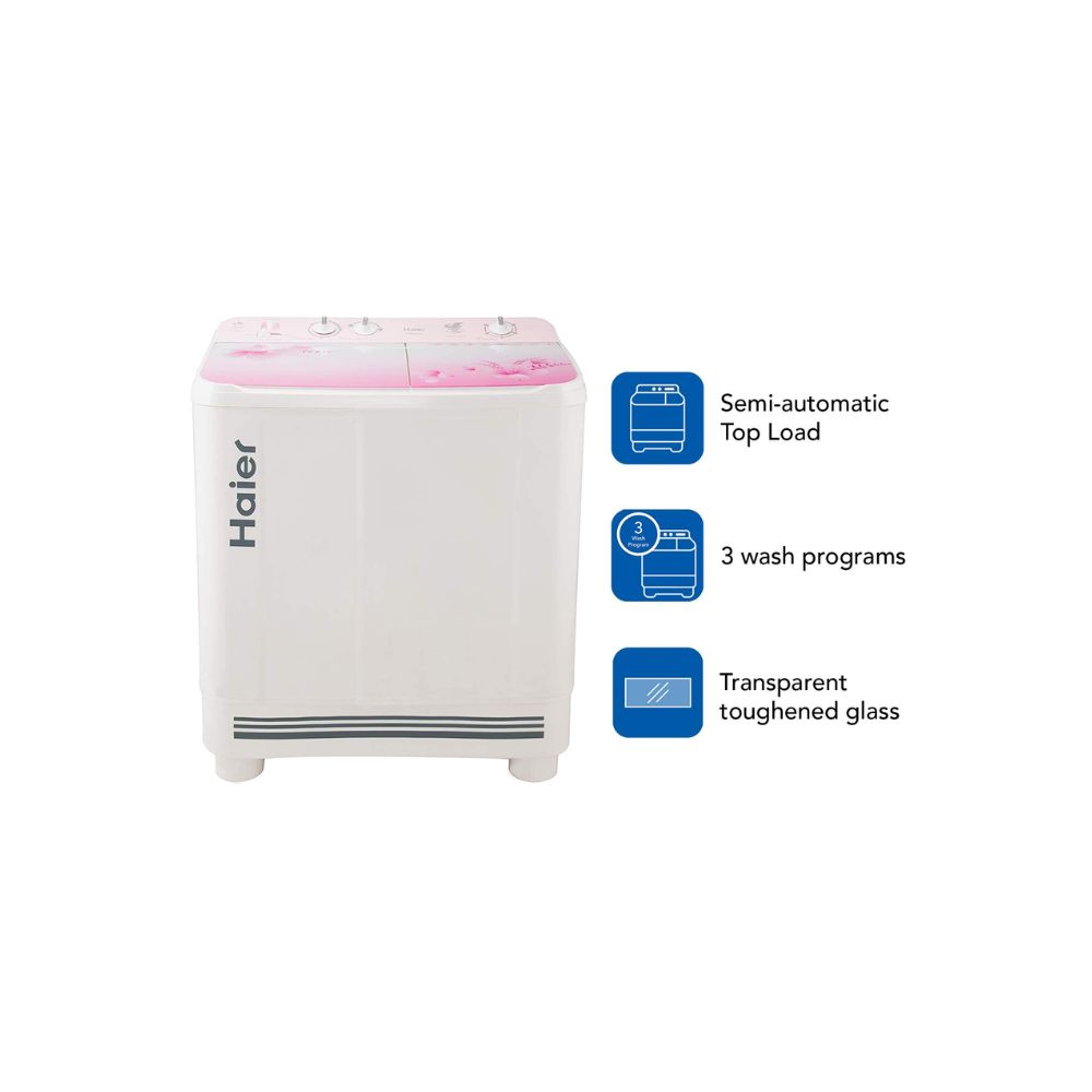 Haier 9 Kg Semi-Automatic Top Loading Washing Machine (HTW90-1159FL, Pink)