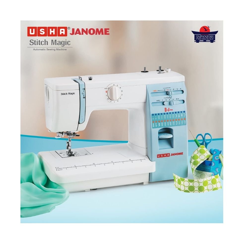 Usha Janome Automatic Stitch Magic 60-Watt Sewing Machine (White And Blue)