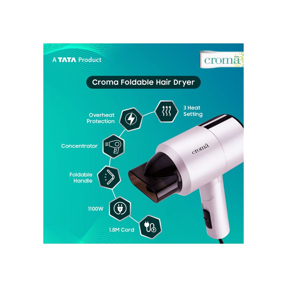 Croma 1100W Foldable Hair Dryer, 3 Heat Settings (Hot/Cool/Warm) with Cool Shot button (CRAH4055, Pink)