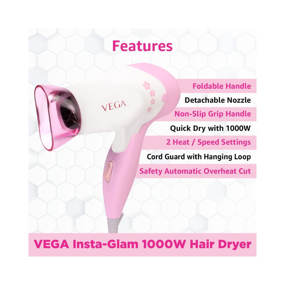 Vega Insta Glam Foldable 1000 Watts Hair Dryer With 2 Heat & Speed Settings, VHDH-20, Pink