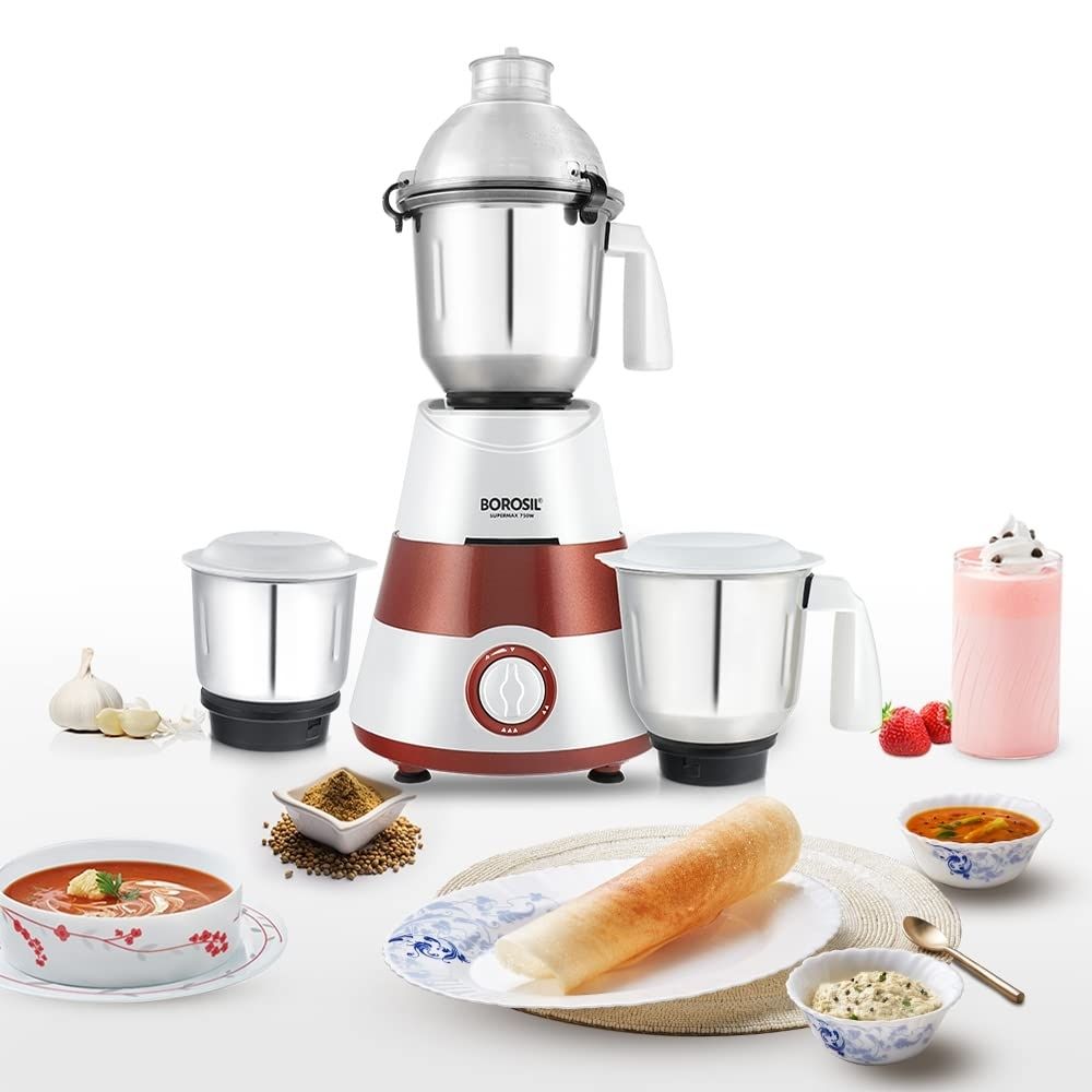 BOROSIL HAMG750W28 SuperMax 750W - Red 750 Juicer Mixer Grinder (3 Jars, Red, White)