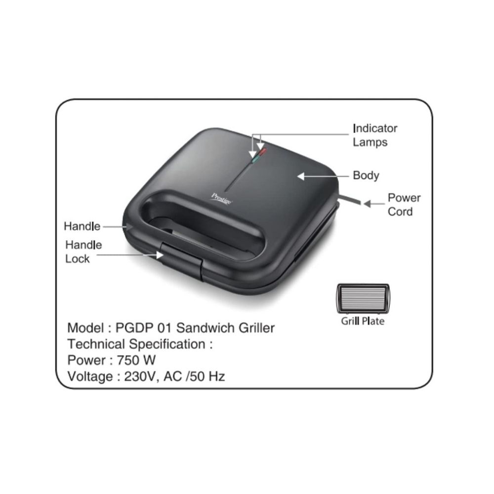 Prestige Sandwich Toaster with Fixed Grill plates - PGDP 01, Black, Small