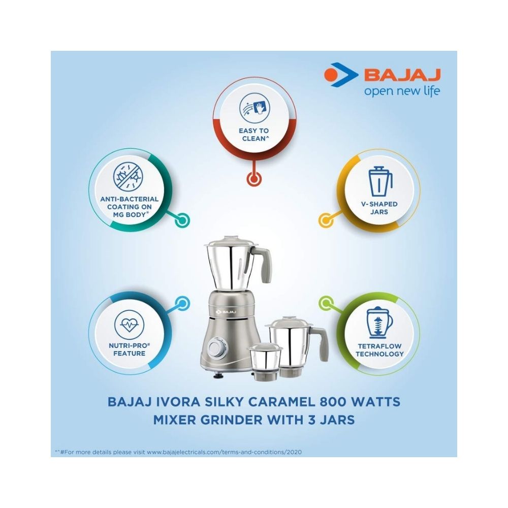 Bajaj Ivora Silky Caramel 800 watts Mixer Grinder with 3 Jars