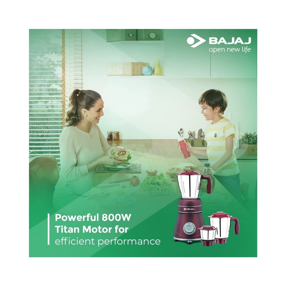 Bajaj Crimson Red Ivora 800 W Mixer Grinder (3 Jars, Brown, Grey)