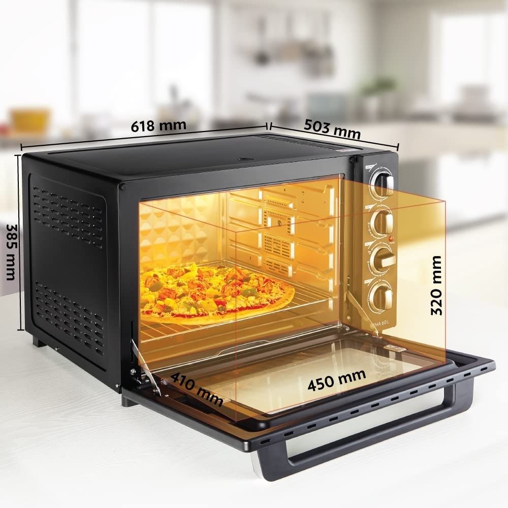 Borosil Prima 60 L Oven Toaster  Griller Motorised Rotisserie  Convection Heating 12 Heating Modes Black