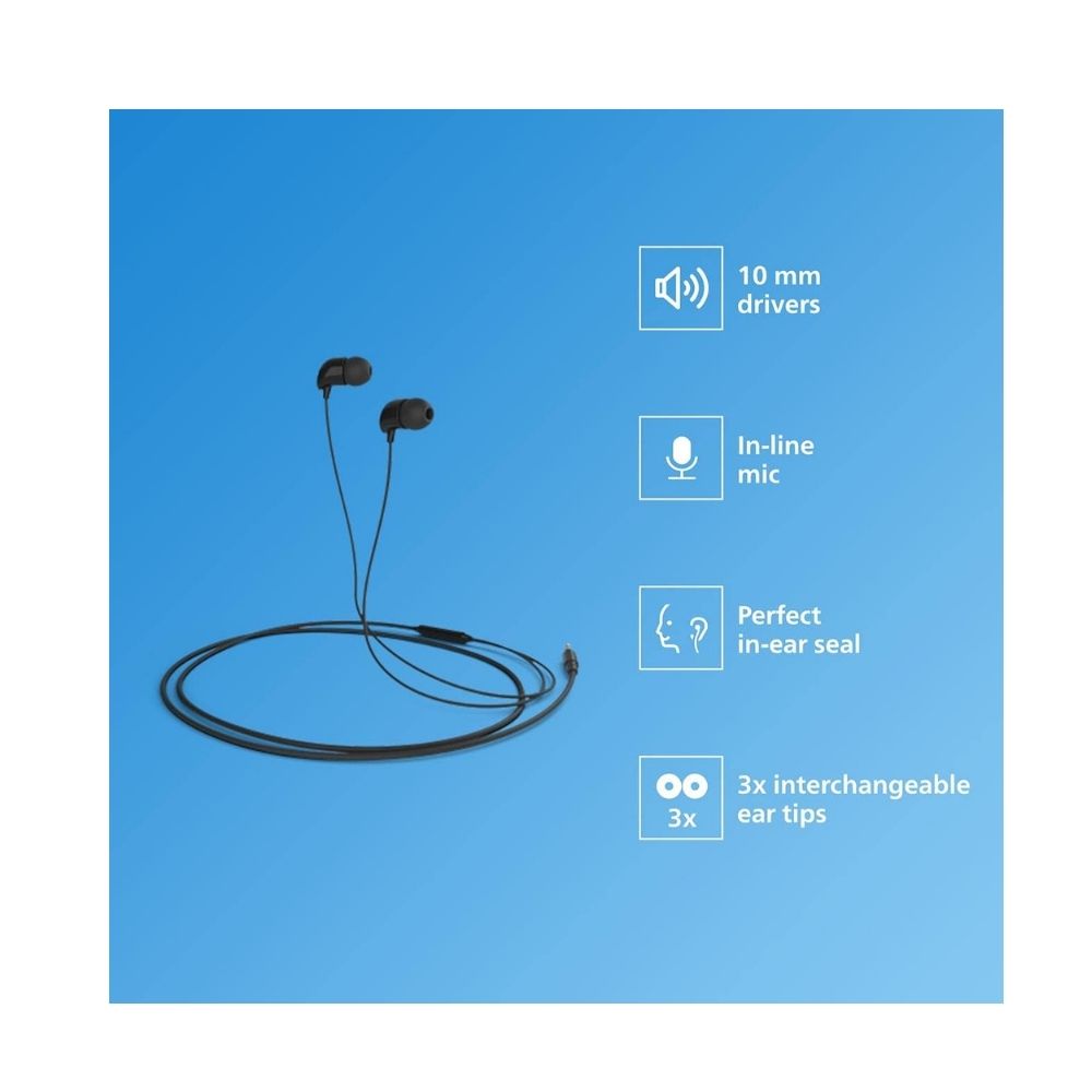 Philips Audio TAE1126 Wired in-Ear Headphone with Dynamic Bass and Mic, Black (TAE1126BK/94)