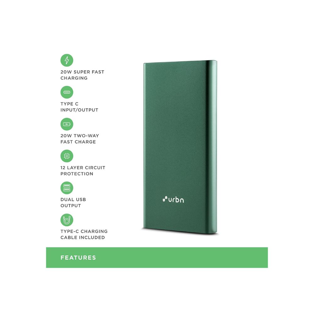 Urbn 10000 mAh Lithium Polymer Power Bank QCPD with 20 Watt Super Fast Charging, Green
