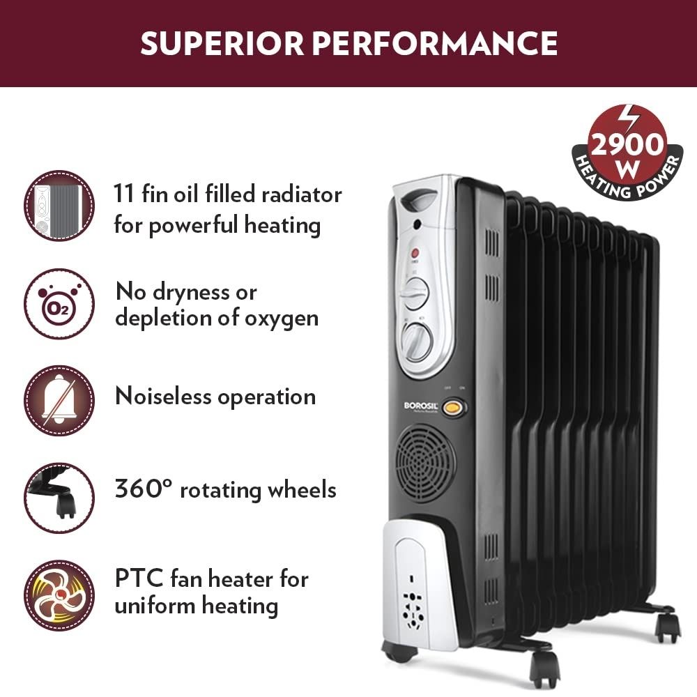 Borosil Volcano 11 Fin Oil Filled Radiator Room Heater, 2900 W, Black, (BOFR11F12)