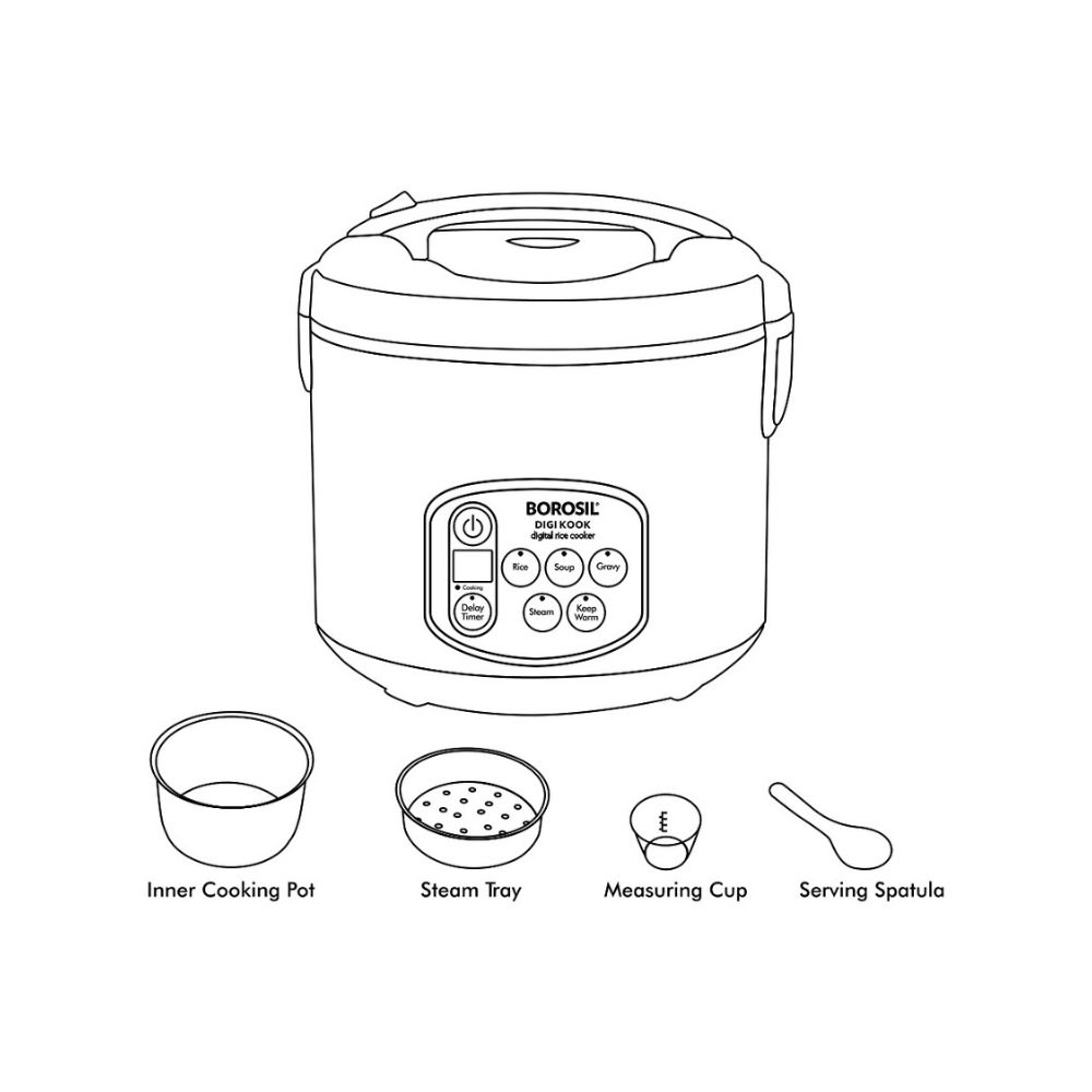 Borosil Digikook 1.8 Litres 650 Watts Rice Cooker and Steamer (BRC18LDSS11, Silver)