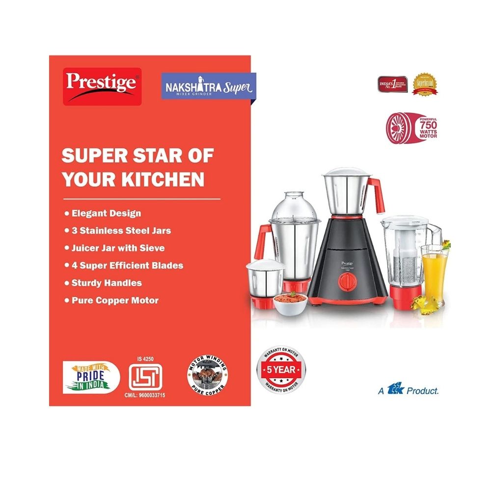 Prestige Nakshatra Super Mixer Grinder- 750 watts - with 3 Stainless Steel Jar and 1 juicer Jar  (42522)