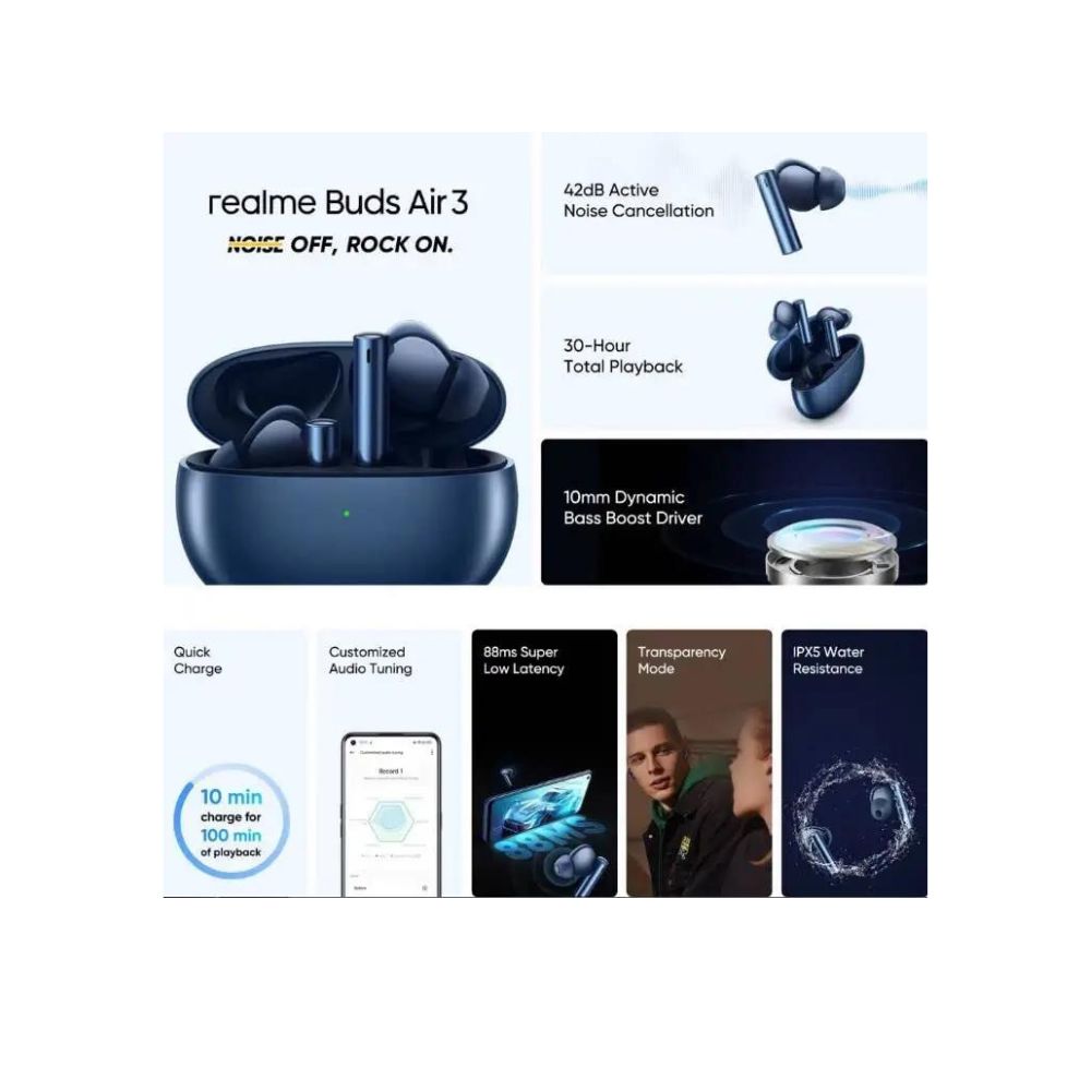 Realme Buds Air 3 with Fast Charge & Active Noise Cancellation (ANC) Bluetooth Headset ‎Starry Blue