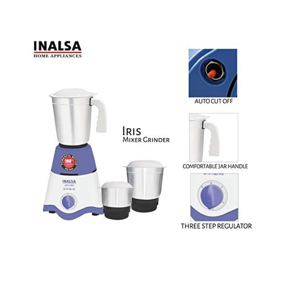 Inalsa Mixer Grinder, 550W, 3 Jars (Blue White)