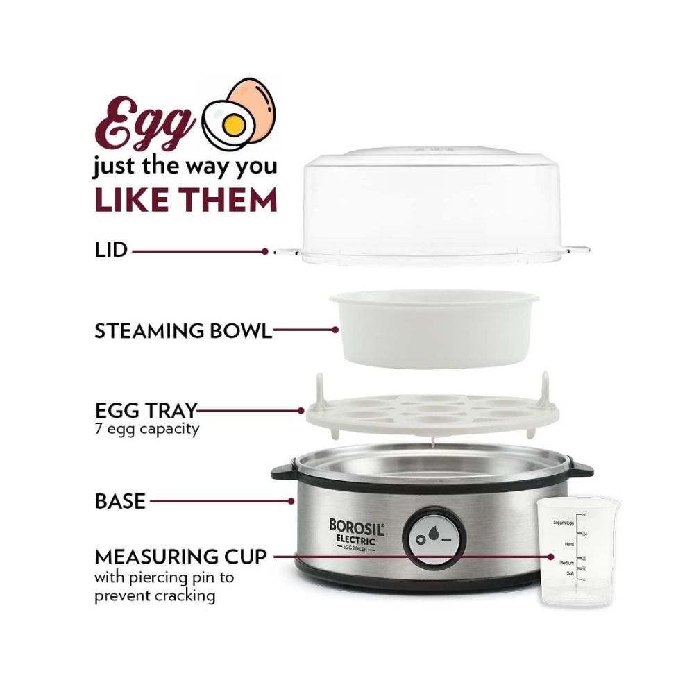 Borosil Electric Egg Cooker (Black, Silver, 7 Eggs)