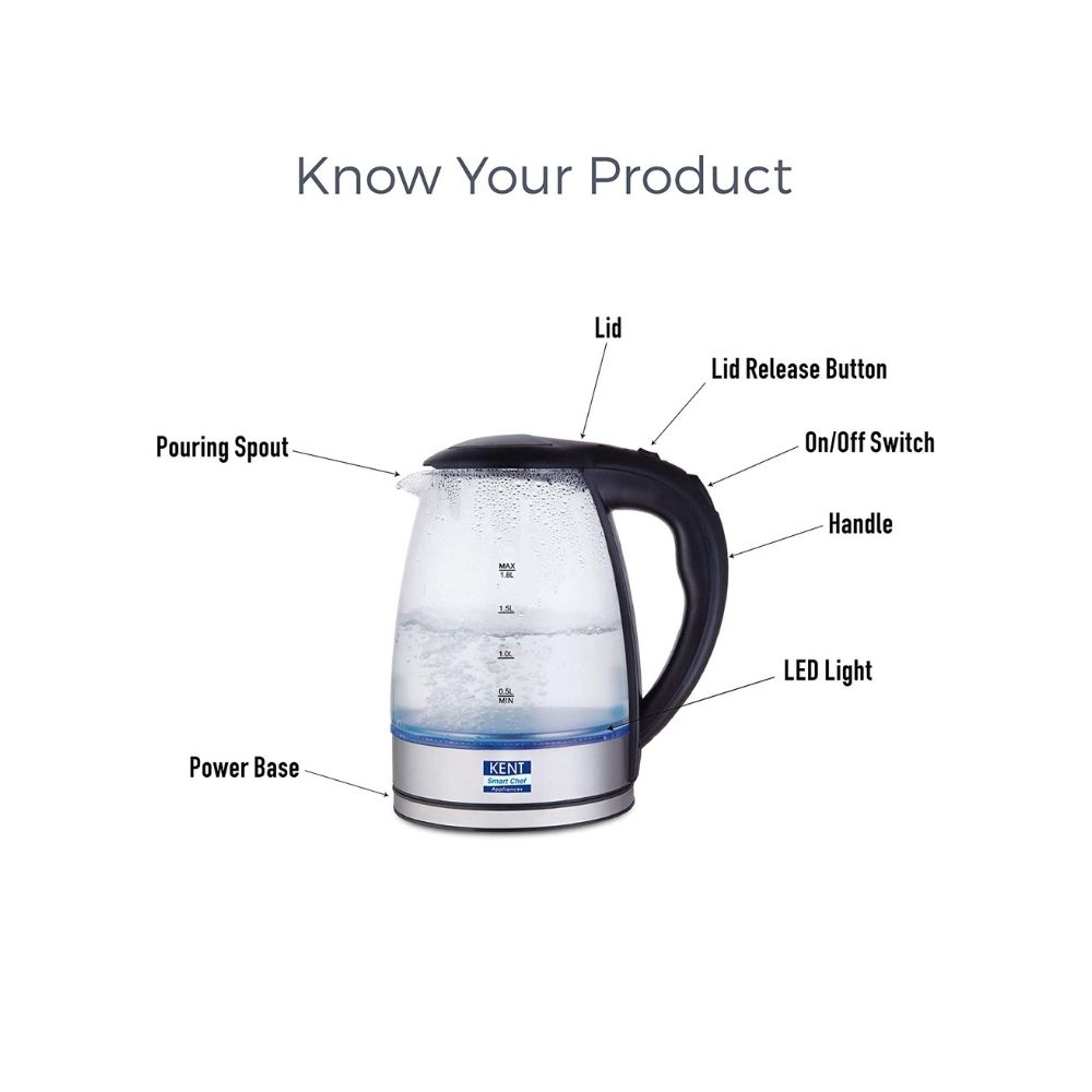 Kent Elegant Electric Glass Kettle (16052), 1.8L, Stainless Steel