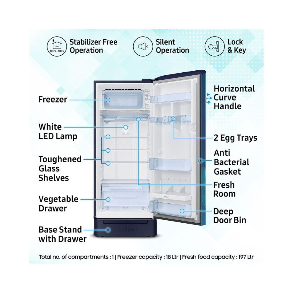 Samsung 215 L 5 Star Digital Inverter Direct-Cool Single Door Refrigerator RR23D2H359UHL Paradise Bloom Blue Base Stand Drawer
