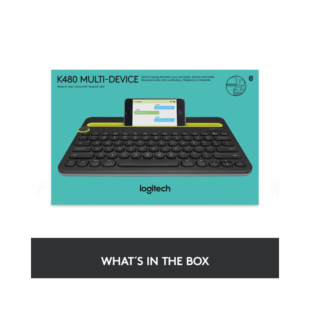 Logitech K480 Wireless Multi-Device Keyboard for Windows, Apple iOS android or Chrome, Tablet- Black