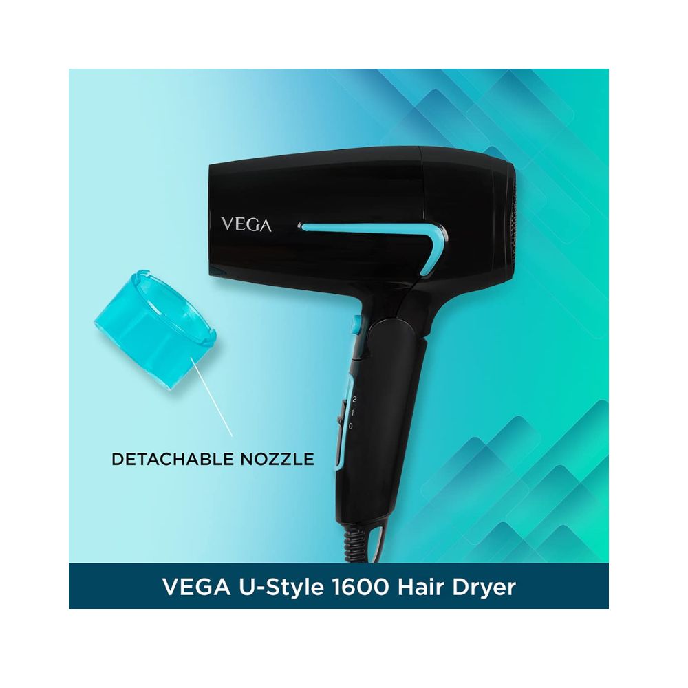 Vega U-Style 1600 Foldable Hair Dryer For Men & Women With Cool Shot Button, Black Vega U-Style 1600 Foldable Hair Dryer For Men & Women With Cool Shot Button, Black