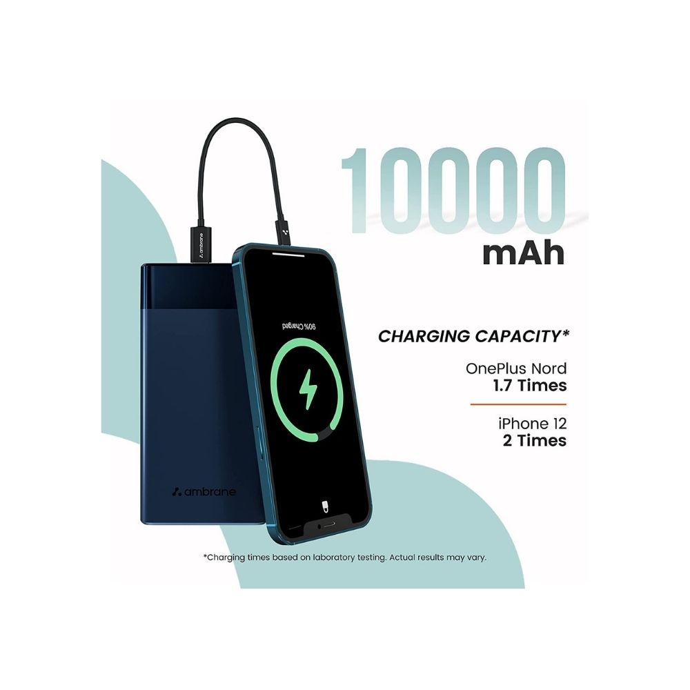 Ambrane 10000mAh Power Bank with 20W Fast Charging, Dual Output, Power Delivery, Type C Input, Made in India(Stylo-10k, Blue)