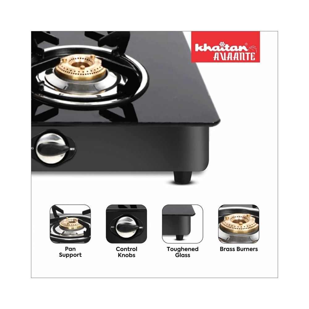 Khaitan  Avaante ISI Certified Kwid MS 4 Burner Toughened Glass Top with Detachable Stainless Steel Spill