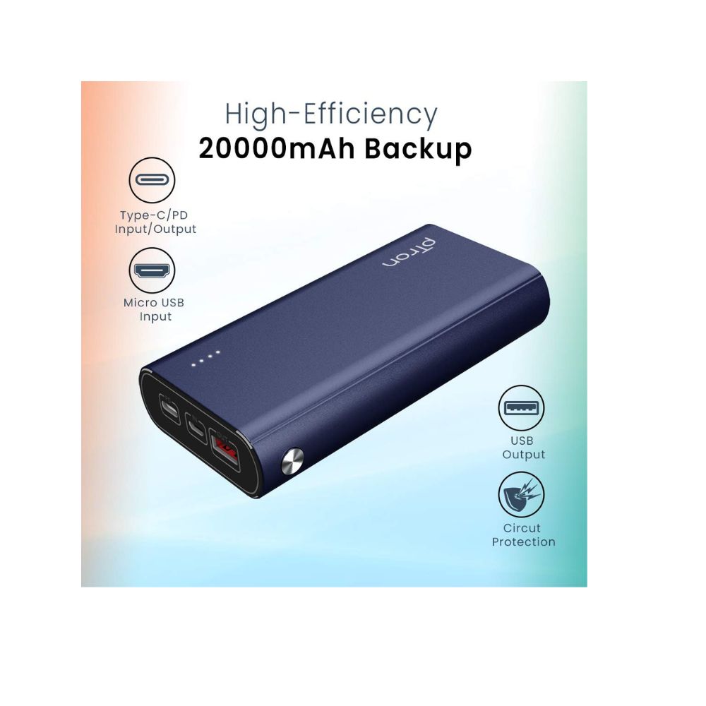 PTron 20000 mAh Lithium_Polymer Dynamo Zip Power Bank with 18 Watt Fast Charging, Blue
