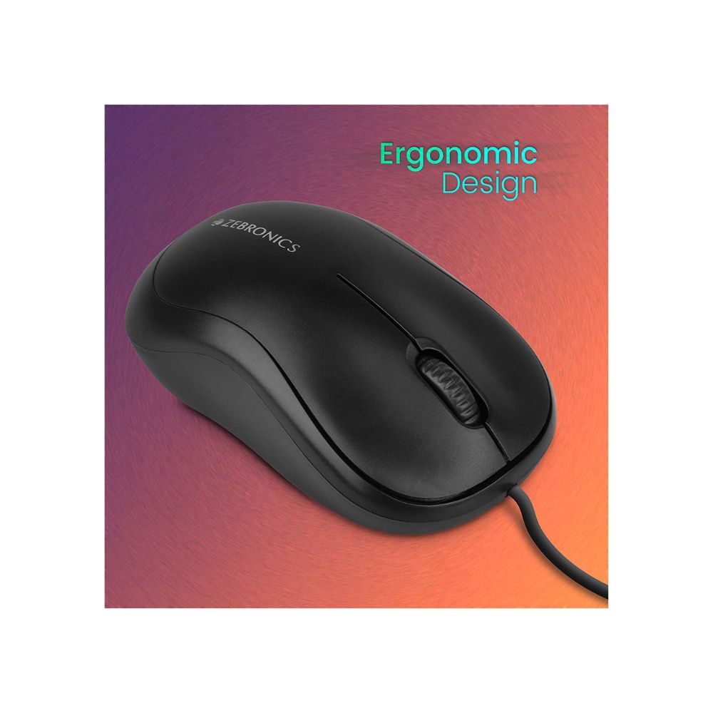 Zebronics zeb-comfort wired usb mouse, 3-button, 1000 dpi optical sensor black