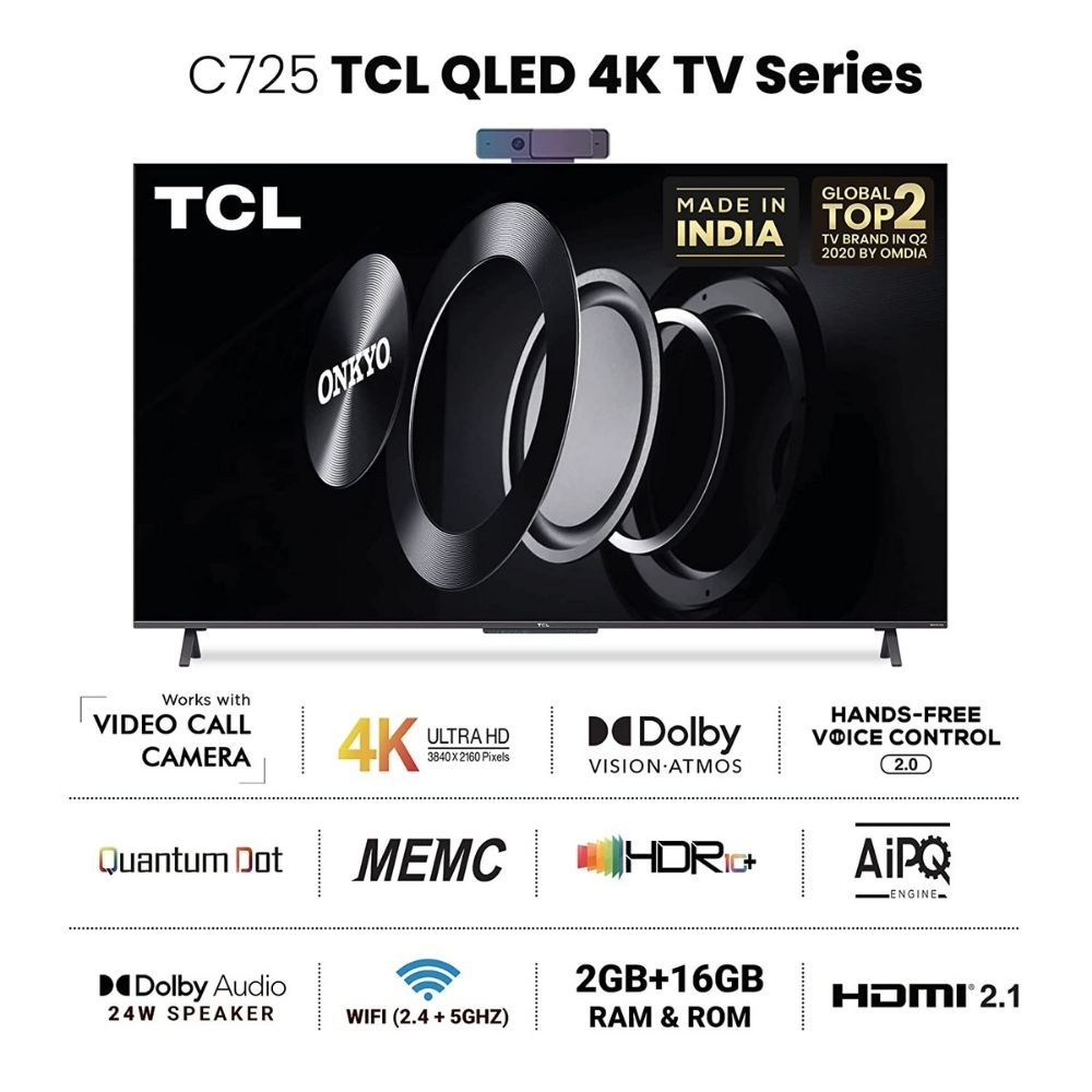 TCL 138.7 cm (55 inches) 4K Ultra HD Certified Android Smart QLED TV 55C725 (Black) (2021 Model) | With Video Call Camera