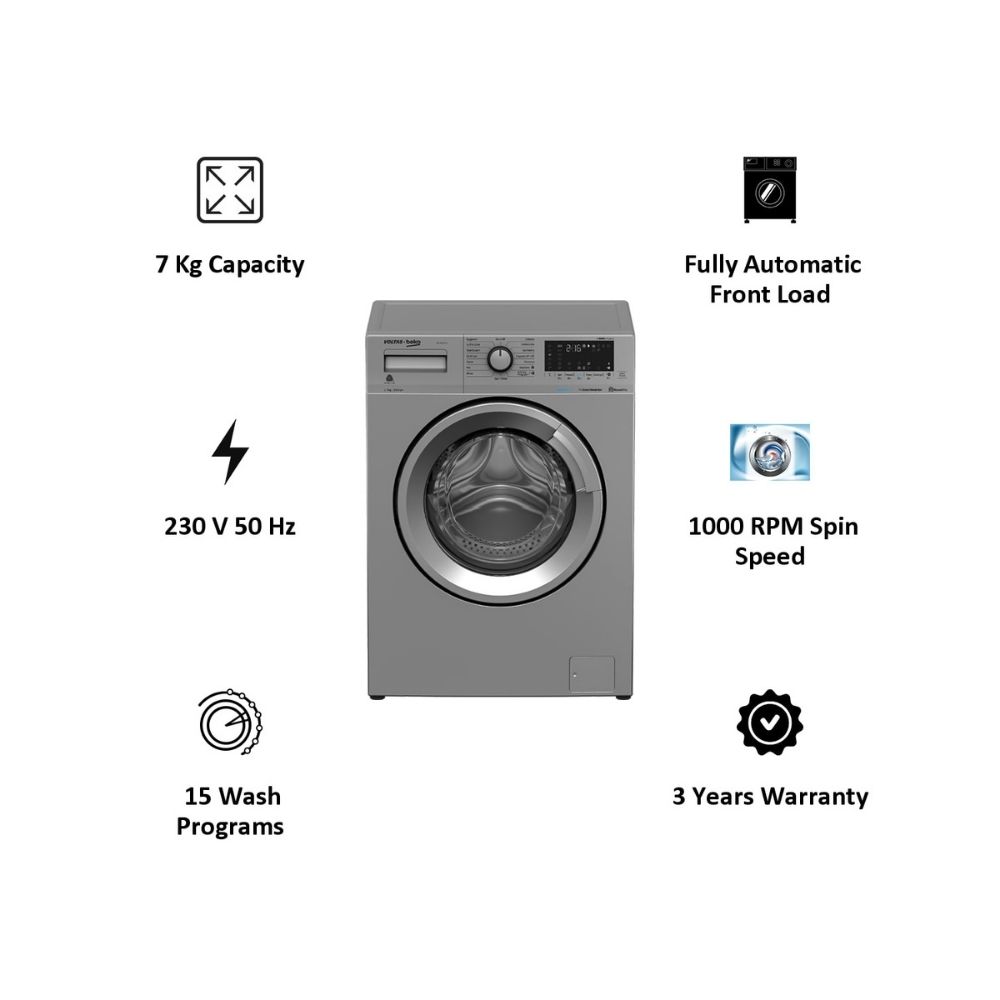 Voltas Beko 7 Kg 5 Star Fully Automatic Front Load Washing Machine (SteamWash, WFL7010VTSS, Grey)
