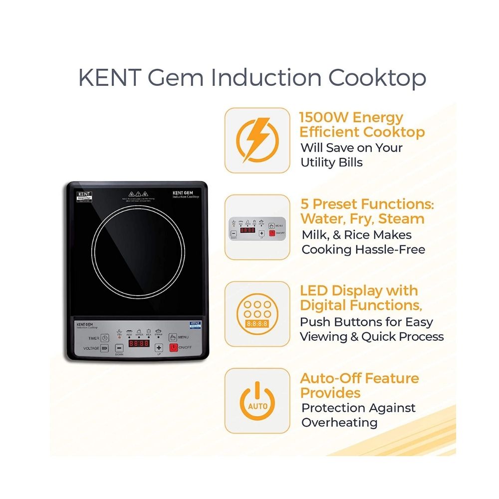 Kent 16058 Gem Glass Induction Cooktop 1500W  (Black, Touch Panel)