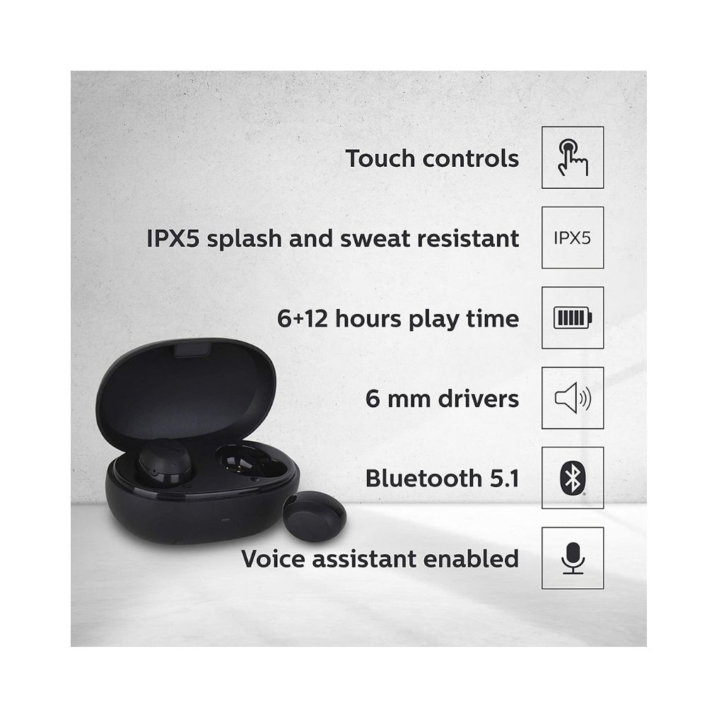Philips TAT1235BK Bluetooth Truly Wireless in Ear Earbuds with Mic (Black)