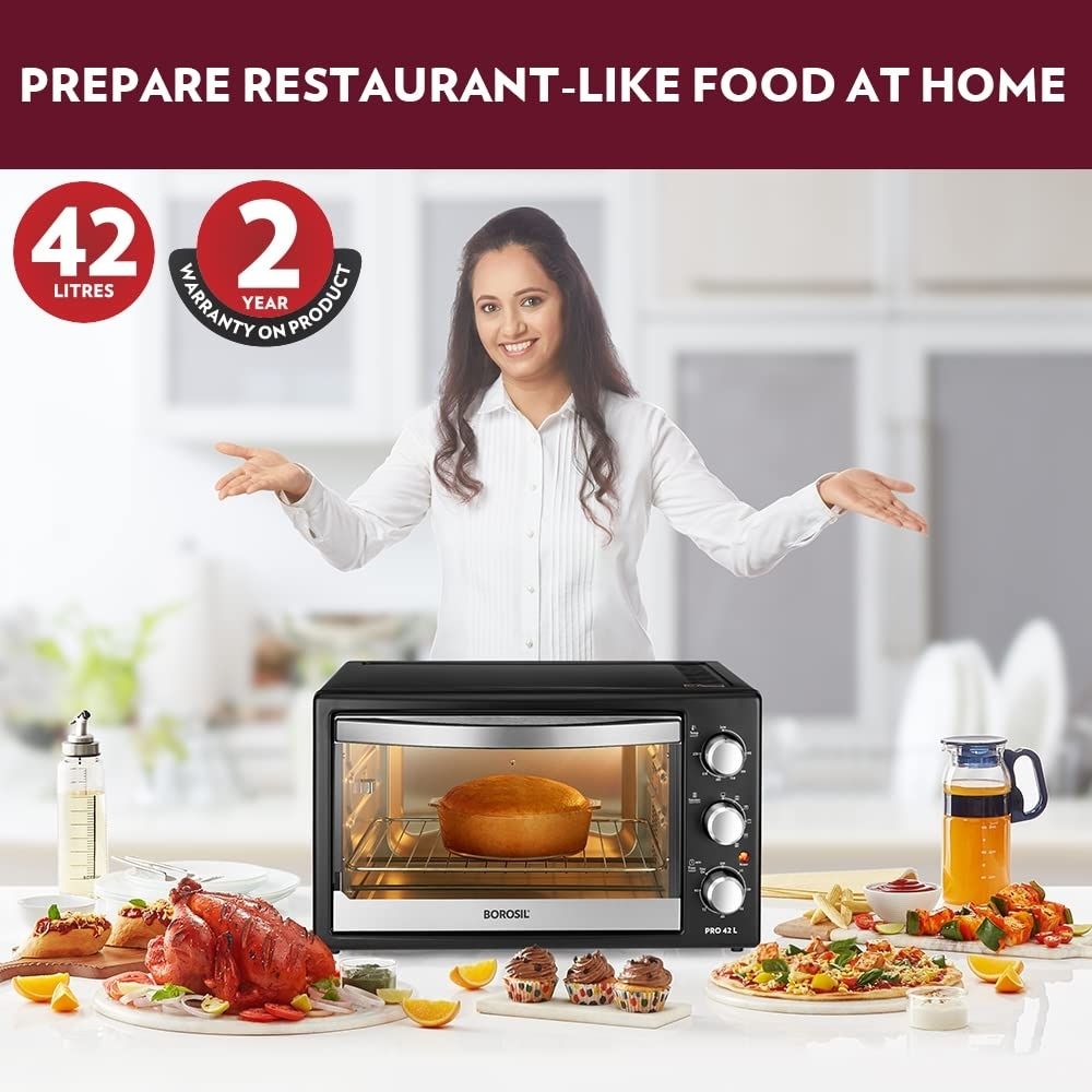 Borosil Pro 42 L Oven Toaster  Griller Motorised Rotisserie  Convection Heating 6 Heating Modes Black