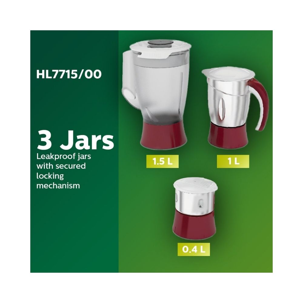 Philips HL7715/00 HL 7715 700 W Juicer Mixer Grinder (3 Jars, Red)