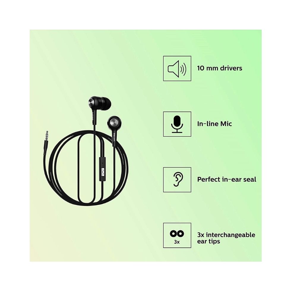 Philips Audio SHE1505 Wired in Ear Earphones with Mic (Black)
