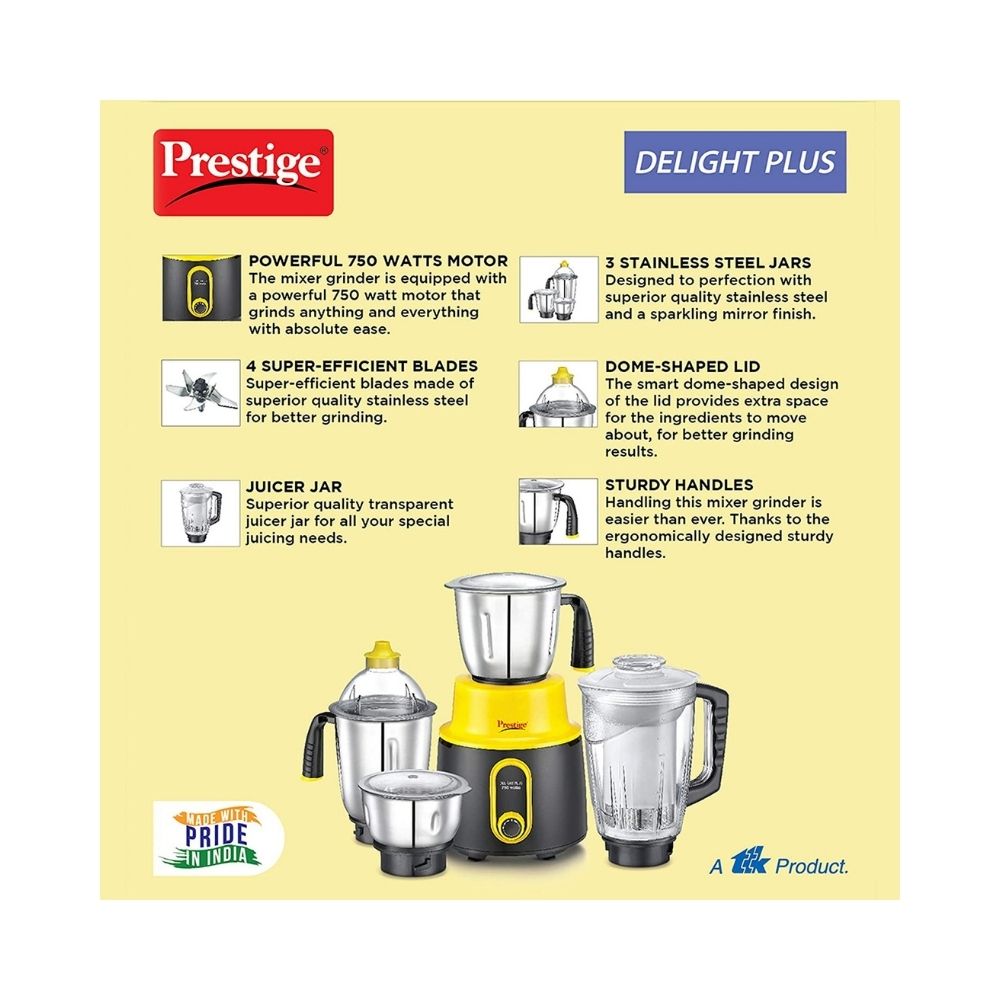 Prestige Delight Plus Mixer Grinder 750 W Mixer Grinder (4 Jars, Black and Yellow)